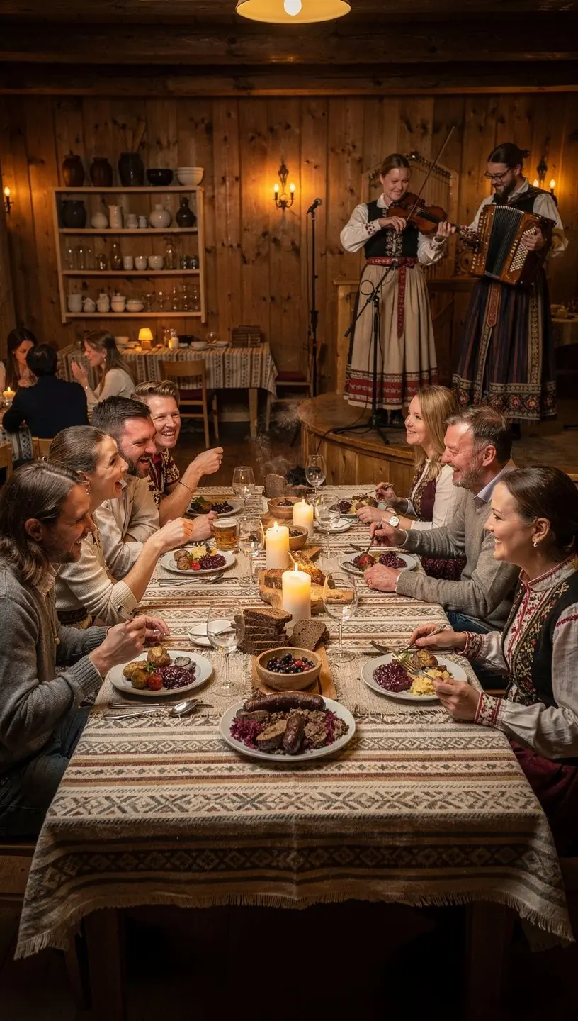 Väike rühmatour osalemas Eesti muusikafestivalil, nautides kohalikke toite ja kohaliku muusika esinemist.