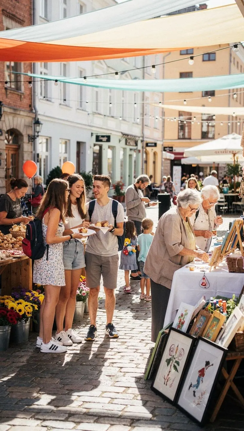 Rahvusvaheline muusikafestival Eesti ajaloolises kesklinnas, rahvahulk rõõmsalt nautimas elavat muusikat.